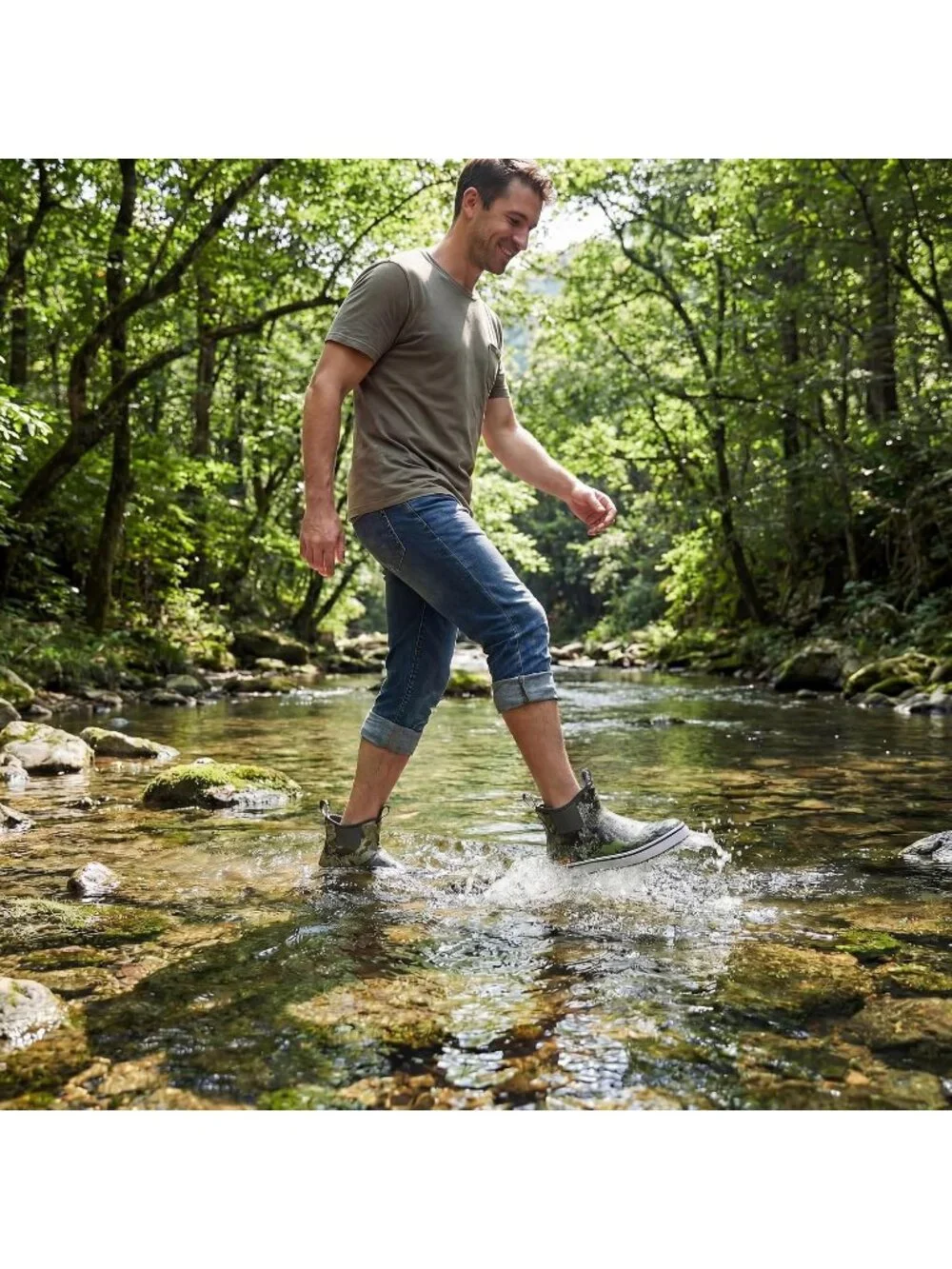 Men's Green Camo Ankle Deck Waterproof Rubber Neoprene Fishing Rain Boots